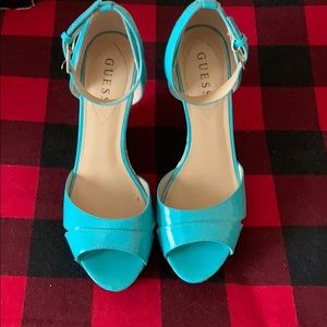 Turquoise patent leather platform sandals